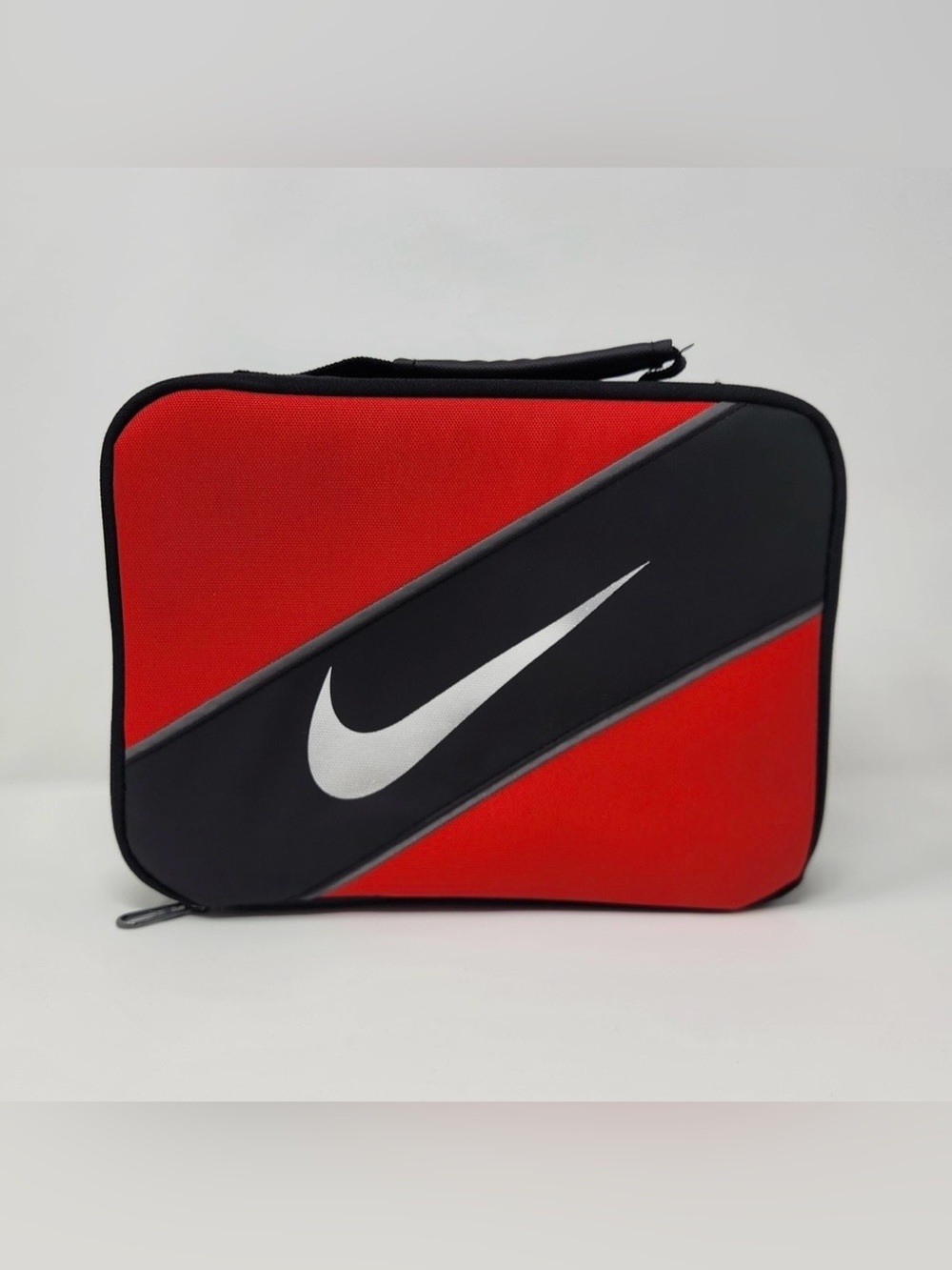 NIKE Black Red Contrast White Logo Reflective Insulated Top Handle Lunch Bag